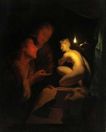 Godfried Schalcken Godfried Schalcken, Two men examining a painting by candlelight